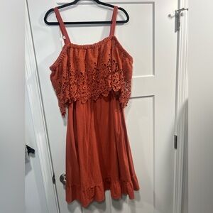 BloomChic Burnt Orange Lace Midi Dress